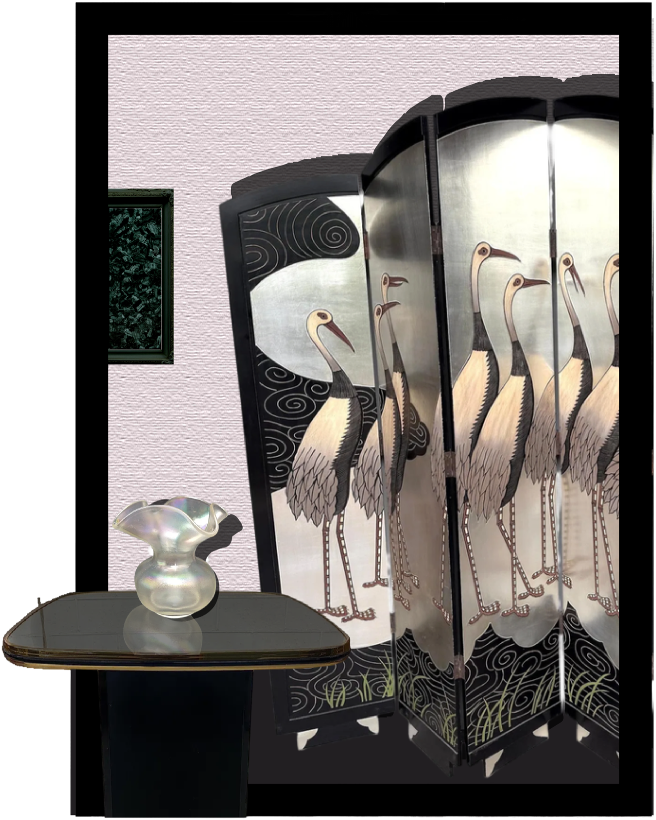 A room with a silver folding screen painted with egrets, a framed malachite panel, and an iridescent vase on a side table.