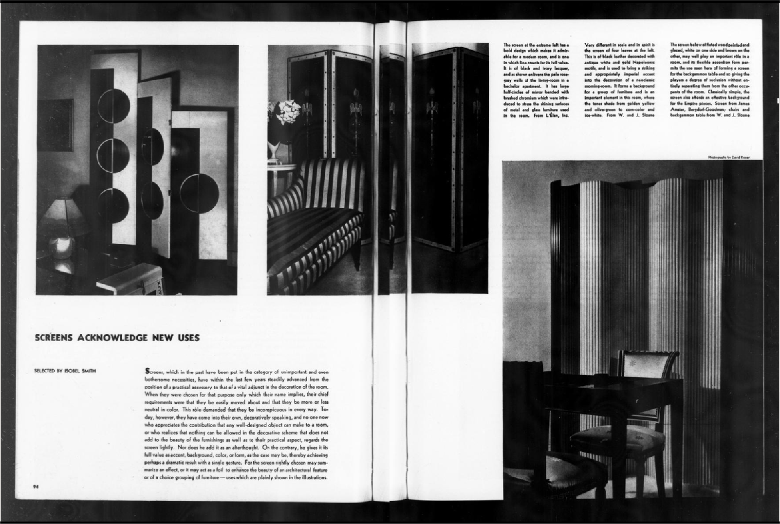 Two-page magazine spread, 1933, showing four decorative folding screens in furnished rooms.